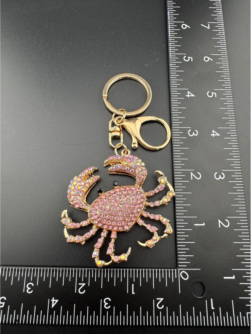 Gold Tone Pink Crystal Crab Keychain Charm - Picture 4 of 4